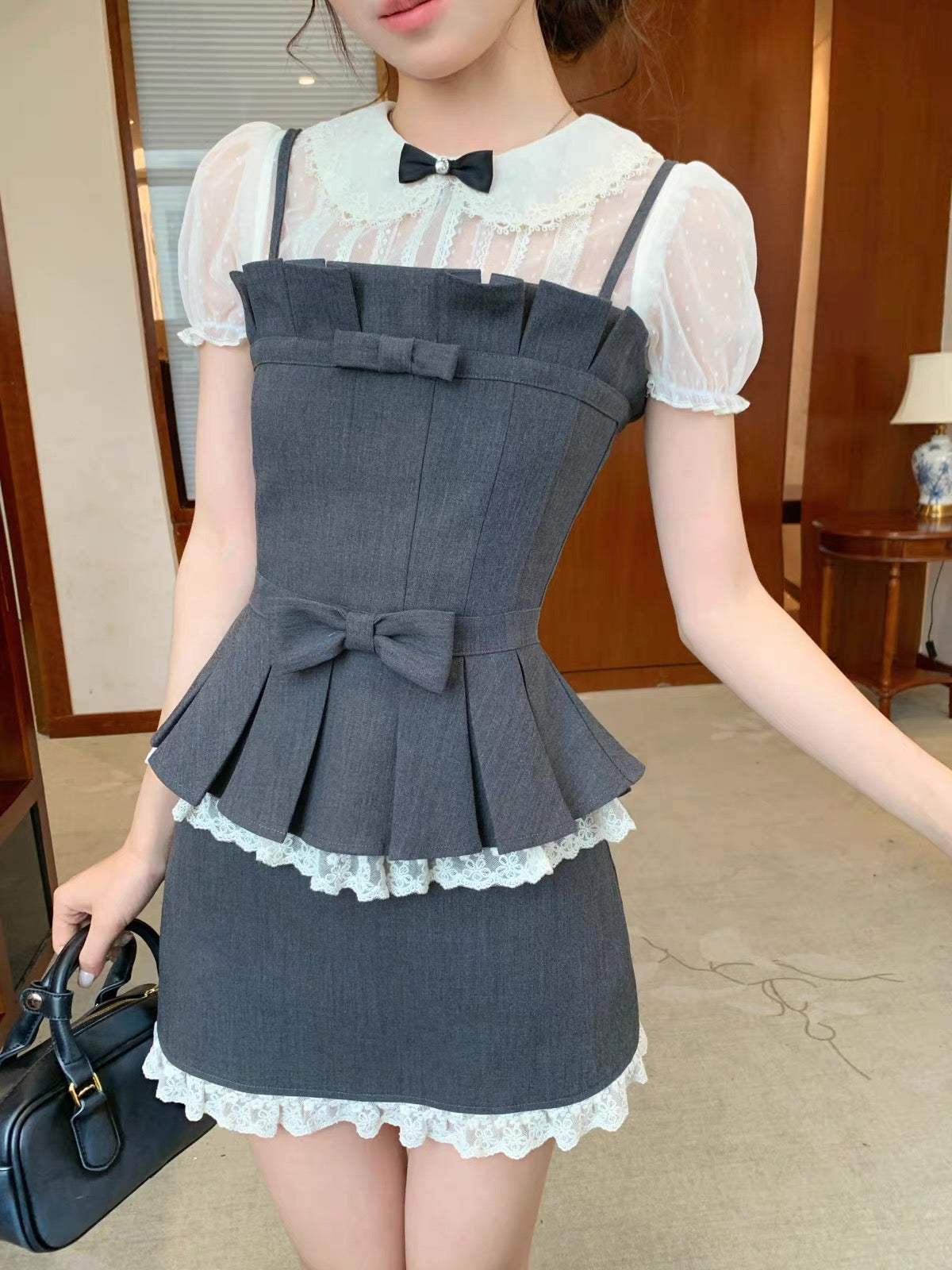 ribbon gray mood tops & skirt MM1119