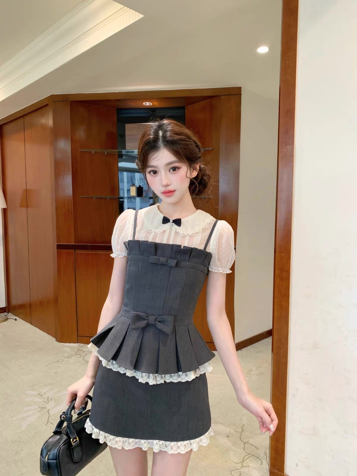 ribbon gray mood tops & skirt MM1119