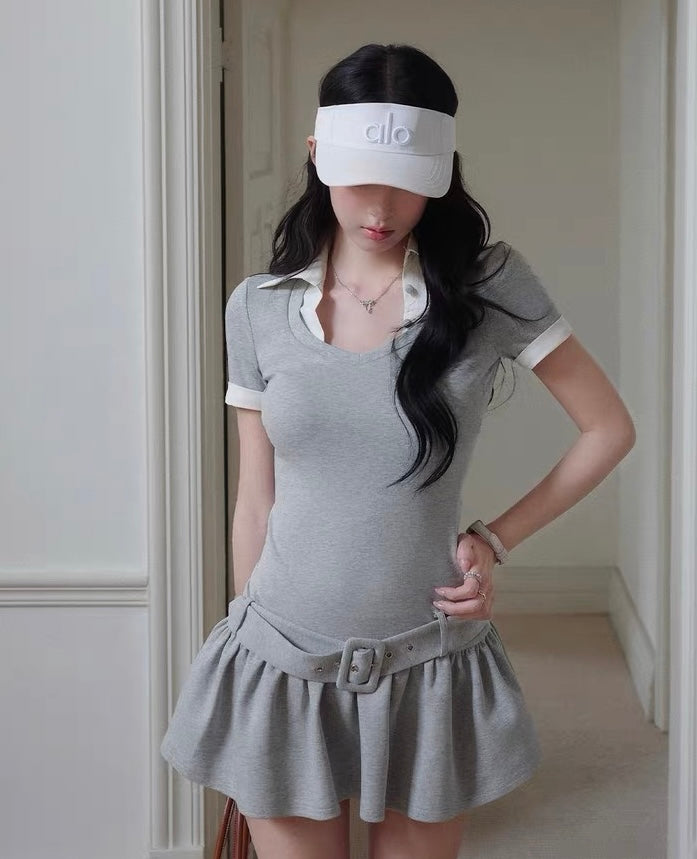 gray casual point pleats one-piece MM1098