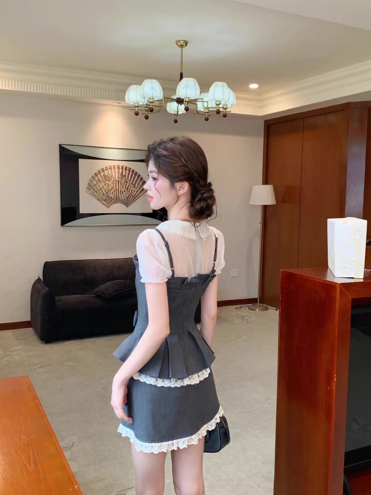 ribbon gray mood tops & skirt MM1119