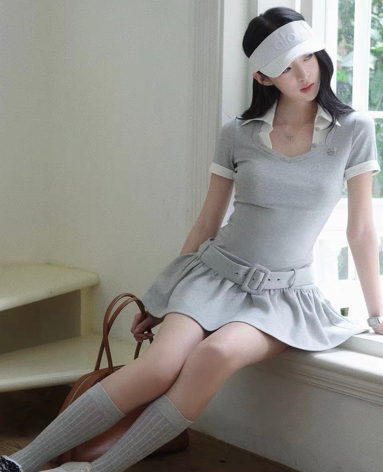 gray casual point pleats one-piece MM1098
