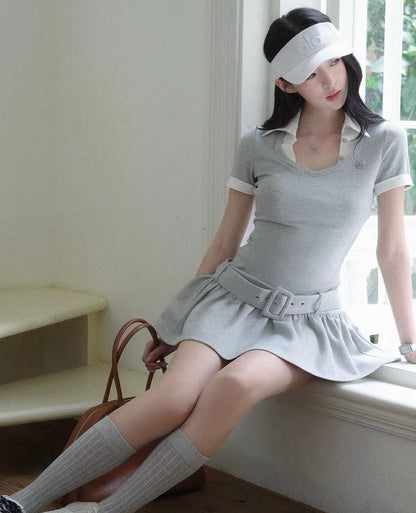 gray casual point pleats one-piece MM1098