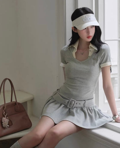 gray casual point pleats one-piece MM1098