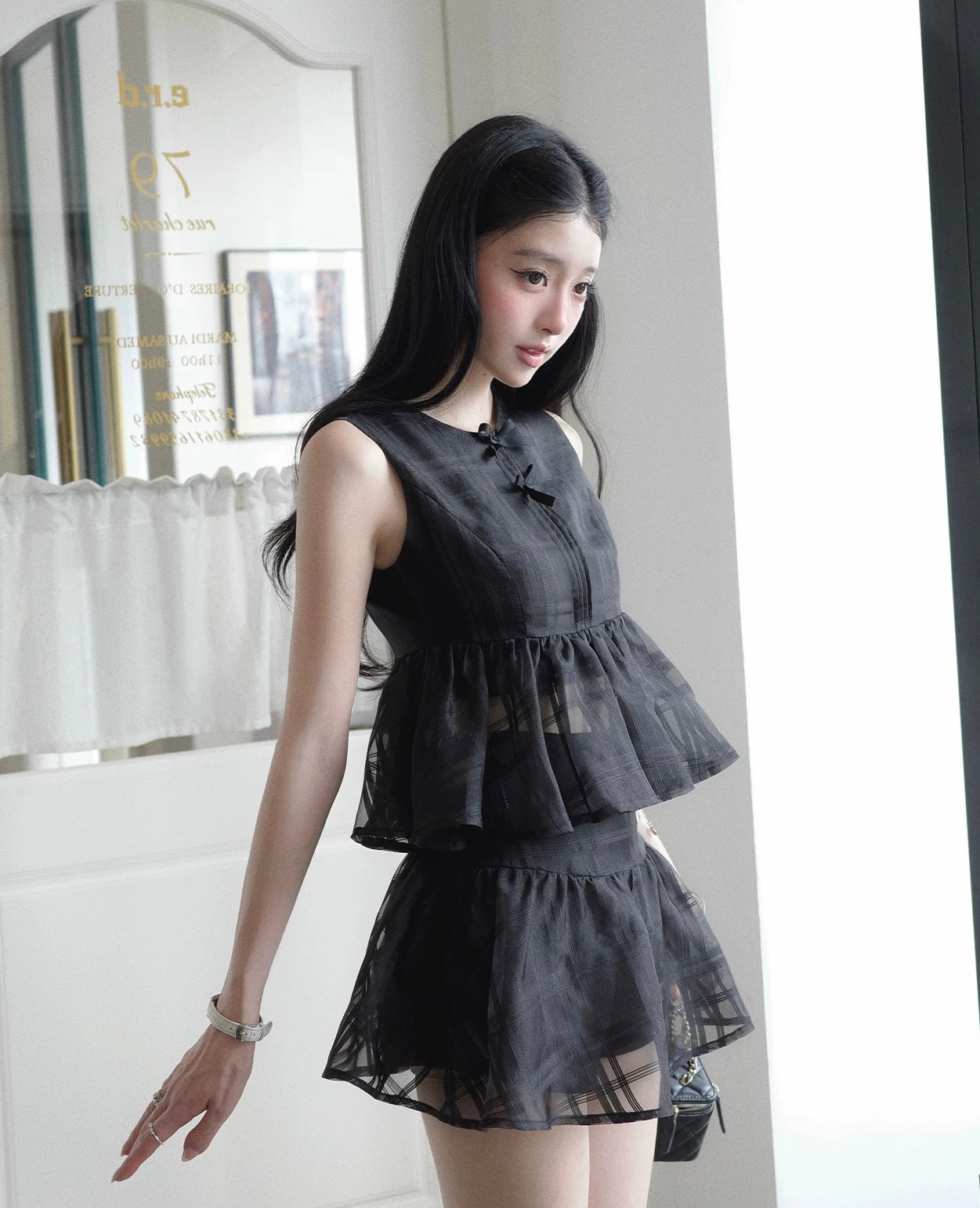 black nuance check tops & skirt MM1114